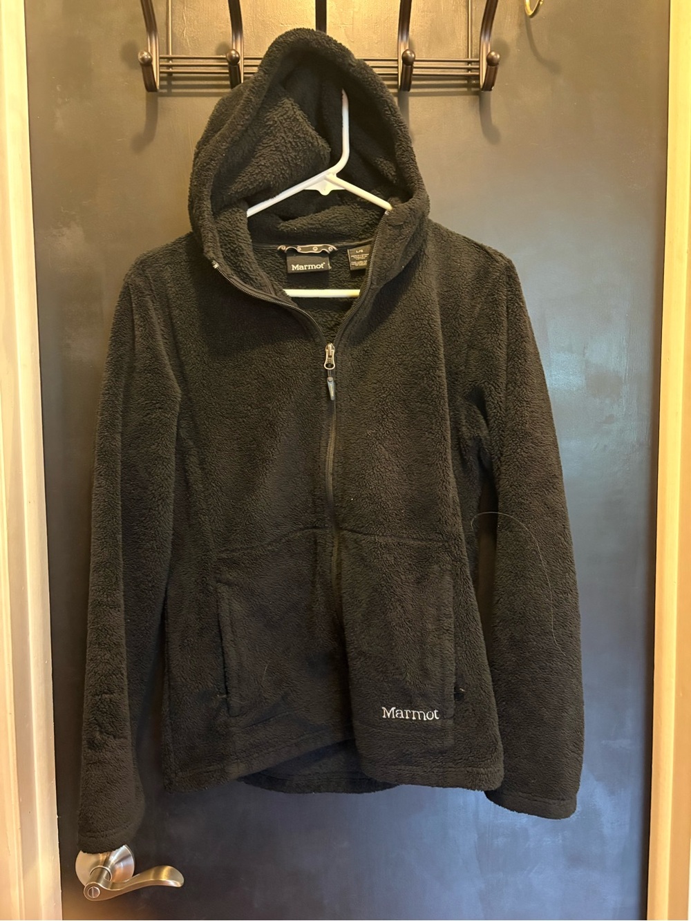 Marmot Women’s Full Zip Sherpa Fuzzy Fleece Hood Jacket Black Large Zip Pockets